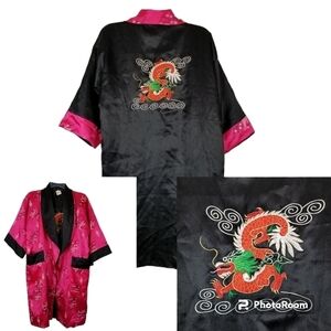 Vintage Satin Kimono Robe Embroidered Dragon Black Pink Floral Reversible Medium
